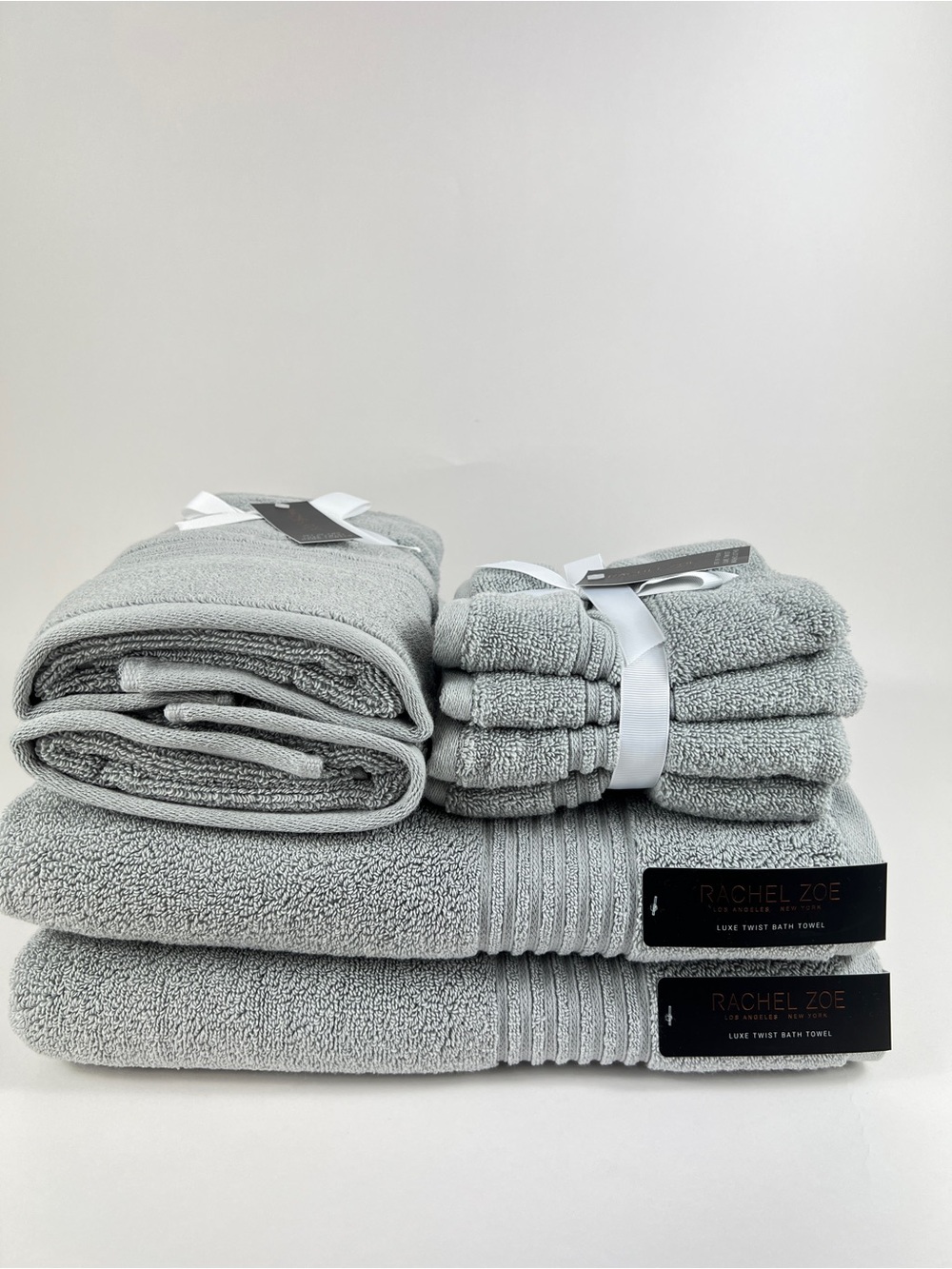 Rachel Zoe Bamboo Bath Towel Set Luxe Twist Gray Plush Cotton Blend 8 Pc NEW